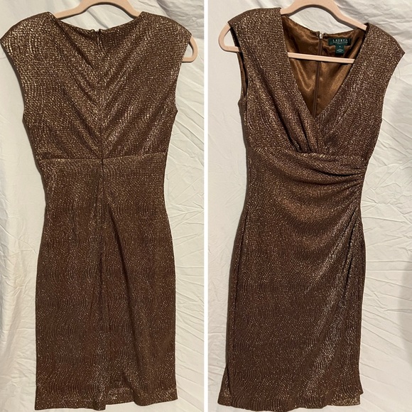 SOLD!  Sz 8 Ralph Lauren Golden Shimmer Textured Ruched Midi Dress - Picture 2 of 14